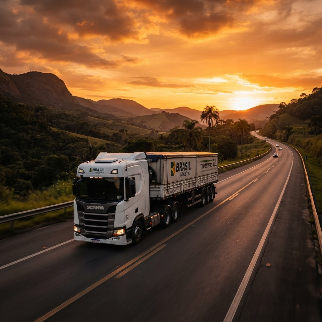 Caminhão da LogBrasil Logística em rodovia ao pôr do sol